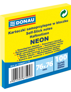 Самозалепващи листчета Donau 76х76mm, 100л, неон, жълт
